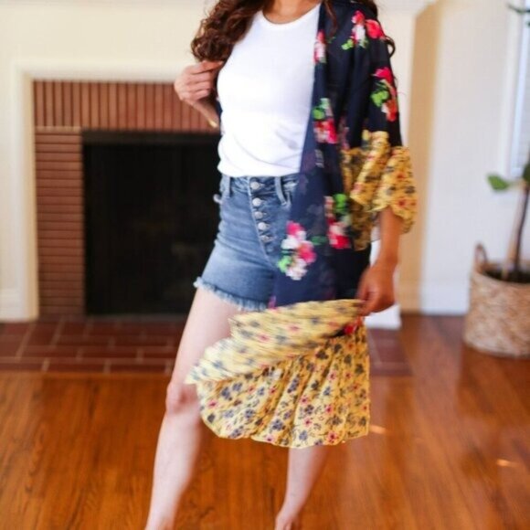 New Navy & Yellow Colorblock Floral Chiffon Ruffle Kimono 3X - Picture 3 of 5